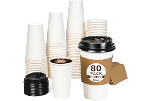 ESSENTIAL 80pcs 16oz Disposable Paper Coffee Cups with Lids, Sleeves and Labels, White Leak-Proof Coffee Cups for Hot or Cold