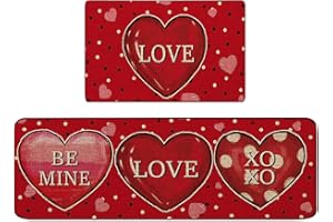 qiyeyeye 2Pcs Valentines Day Kitchen Mats for Floor Red Love Heart Non-Slip Washable Rugs Set for Holiday Decor Home Entrance Porch Valentines Door mat 16x24 and 16x47 Inch