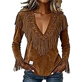 Women Suede Fringe Western Shirts Lapel Long Sleeve Button Down Blouse Vintage Slim Tassel Motorcycle Cowgirl Outfits
