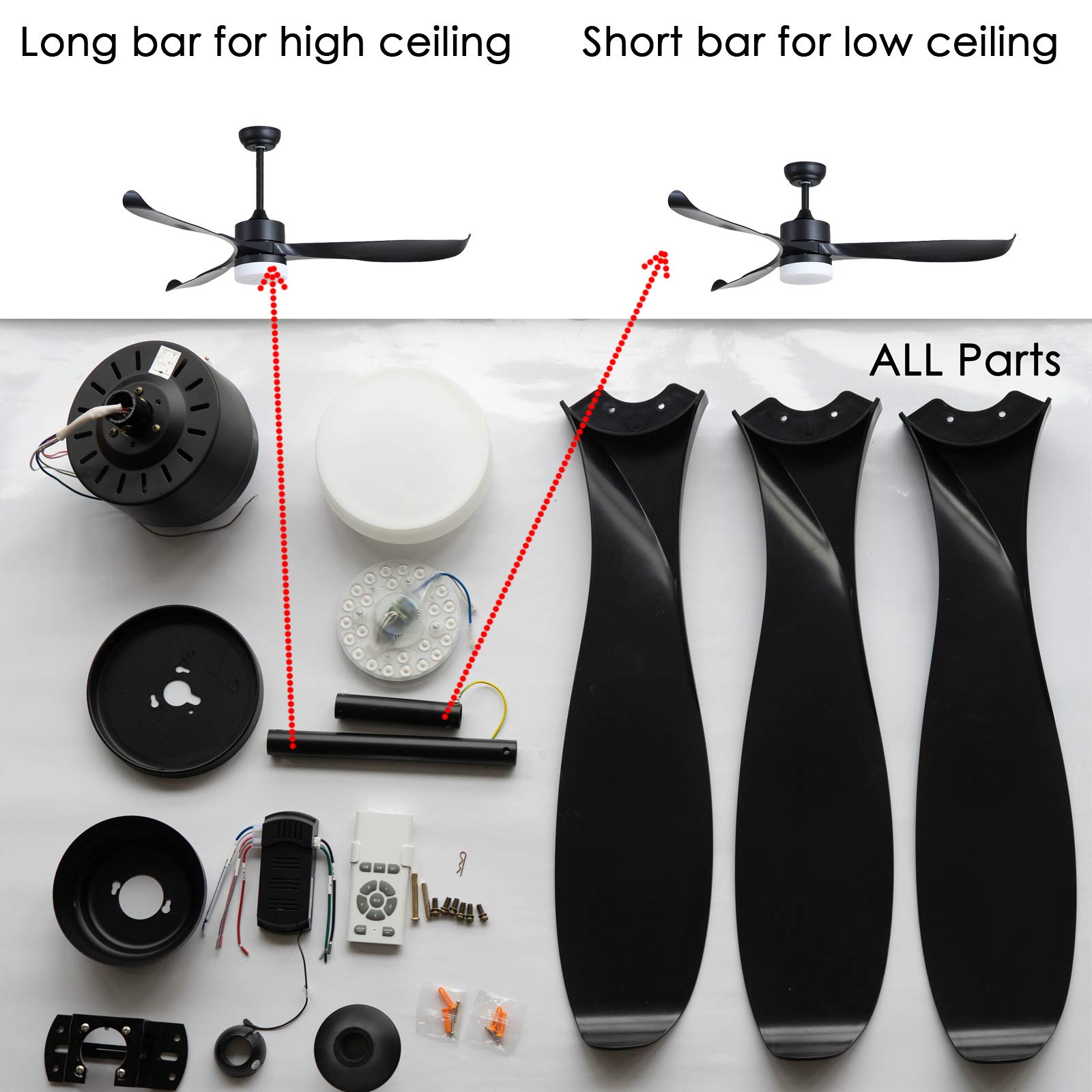 Indoor Ceiling Fan with LED Light and Remote Control, Noiseless and Reversible, DC Motor Ceiling Fan Light for Bedroom Living Room Dining Room (56inch, Black)