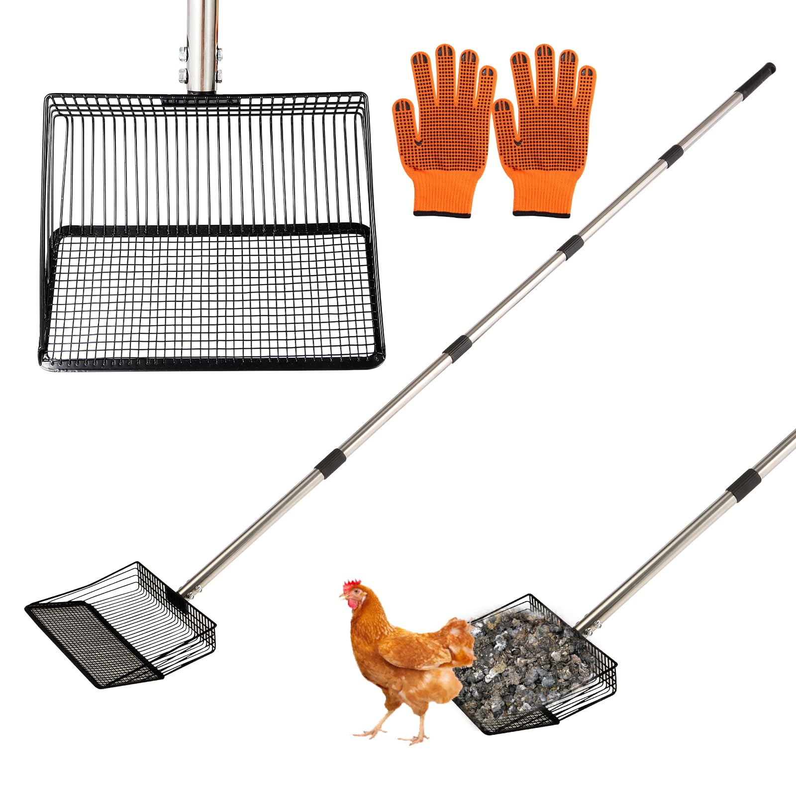 Photo 1 of 10inch Large Metal Chicken Poop Scooper, 36" to 75" Long Chicken Coop Litter Scoop with Stainless Steel Adjustable Handle, 4 in 1 Detachable Litter Sifting Shovel Scoop for Chicken Coop Accessories