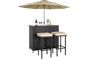 CROWNLAND 3-Piece Wicker Outdoor Furniture Bar Set, 2 Stools and 1 Glass Top Table, Large-Capacity Storage Space Brown Wicker Patio Bar Table with 9Ft Khaki Round Patio Umbrella