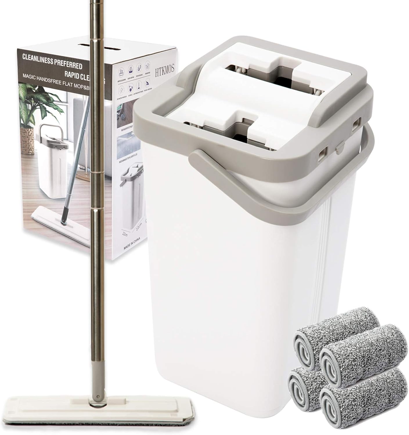 HTKMOS Mop Bucket with Wringer for Wood Floor Cleaning Supplies Set and Cleaning Squeeze Hand Free Floor Mop with 4 Washable & Reusable Microfiber Pads: Kitchen & Dining
