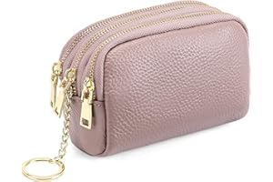 SENDEFN Small Coin Purse Leather 3 Zippered Change Pouch Wallet with Key Ring for Women