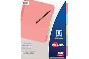 AVERY Plain Tab Write On and Erase Dividers, 5 tabs, Multi-Colour, 3 Sets, (11508)