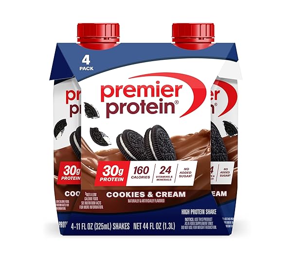 PREMIER PROTEIN SHAKE, COOKIES & CREAM, 30G PROTEIN, NO ADDED SUGAR, 24 VITAMINS & MINERALS TO SUPPORT IMMUNE HEALTH, 11 FL OZ, 4 PACK