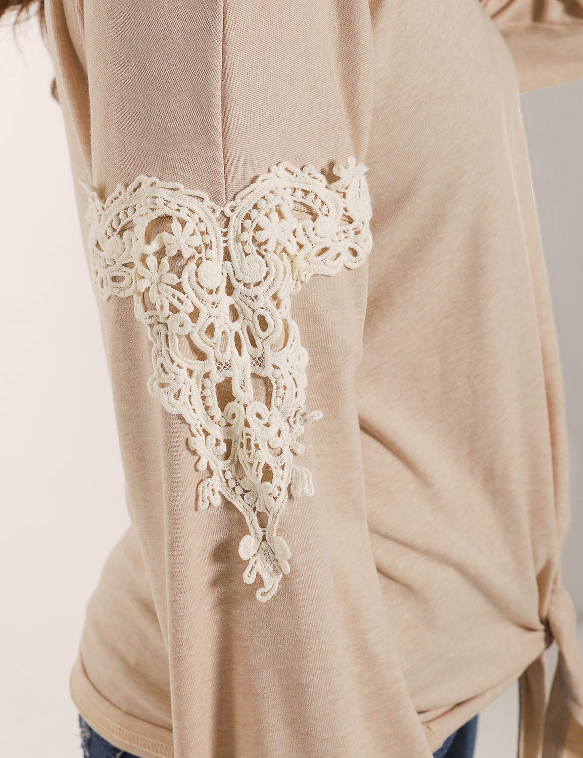 Blooming Jelly Womens Tie Knot Shirts Lantern Sleeve Round Neck Lace Top Blouse(M,Apricot)