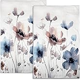 Sanzugh Boho Floral Decorative Hand Towel Set of 2 for Bathroom, Cream Tan Beige Blue Grey White Watercolor Flower Kitchen Towels Absorbent Cute Farmhouse Towels for Yoga Gym Spa Hotel 28X16 in