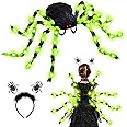 Garma Halloween Giant Spider Costume Set, 60 LED Green Light-Up Spider Backpack with Spider Headband, Scary Plush Costume for Kids Halloween Party, Trick or Treating, Cosplay Decorations
