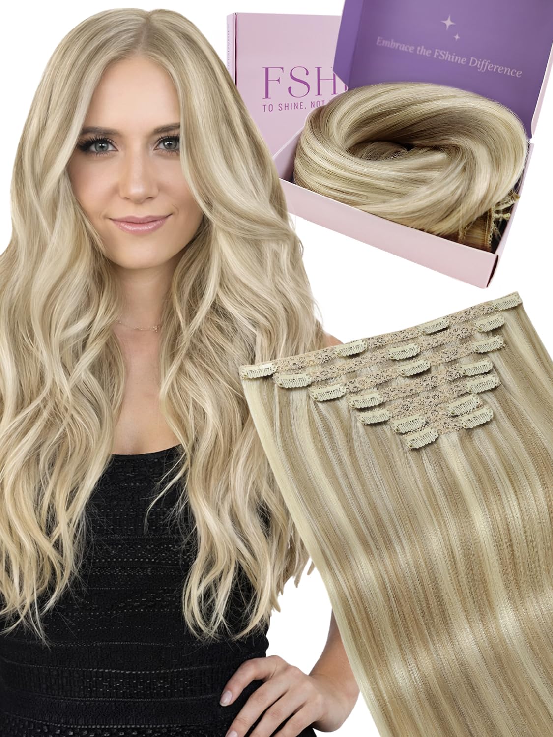 Fshine Hair Extensions Clip in Real Human Hair 7 Pcs 120g 14 Inch Color 16 Highlighted 22 Blonde Remy Clip in Hair Extensions Straight Real Human Hair Clip in Hair Extensions