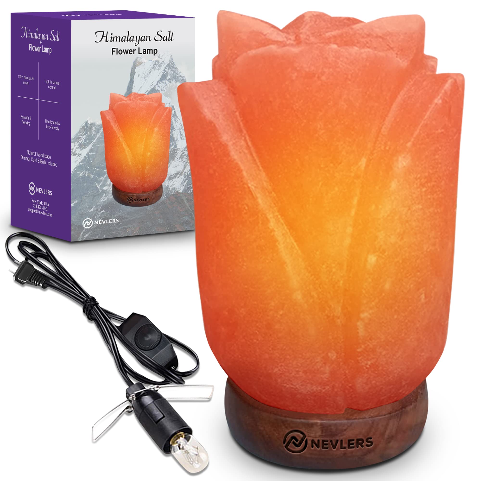 Nevlers Flower Shape Pink Himalayan Salt Lamp with Wood Base | 7-8 lbs and 7