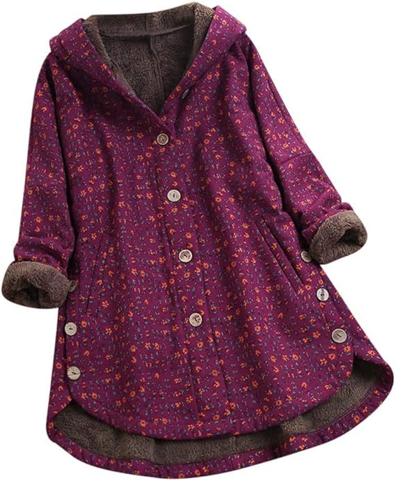 Amazon プラスサイズの冬の暖かい女性のレトロなプリント非対称ボタンフード付きジャケット秋 冬防寒防風冬服通勤者厚手ファッション冬カジュアルジャケット無地学校長袖 コート ジャケット 通販