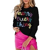 Christmas Sweater Womens Merry Bright Sweatshirt Sweater Casual Sequin Long Sleeve Pullover Sweatshirt Tops