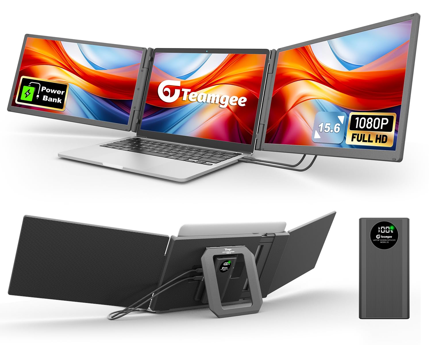 Teamgee 15.6” Laptop Screen Extender with Power Bank, FHD 1080P IPS Triple Monitor, HDMI/USB/Hub Plug-Play Display, Fits 13-17