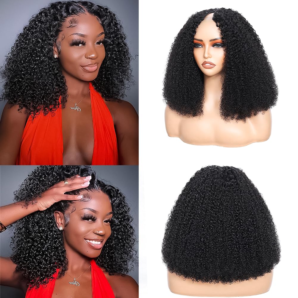 Photo 1 of RAGMZZE V Part Wig Human Hair Kinky Curly Natural Black 18 Inch | Curly Human Hair Wig Upgrade U Part Human Hair Wigs for Black Women Glueless Wig Wear and Go 180 Density
