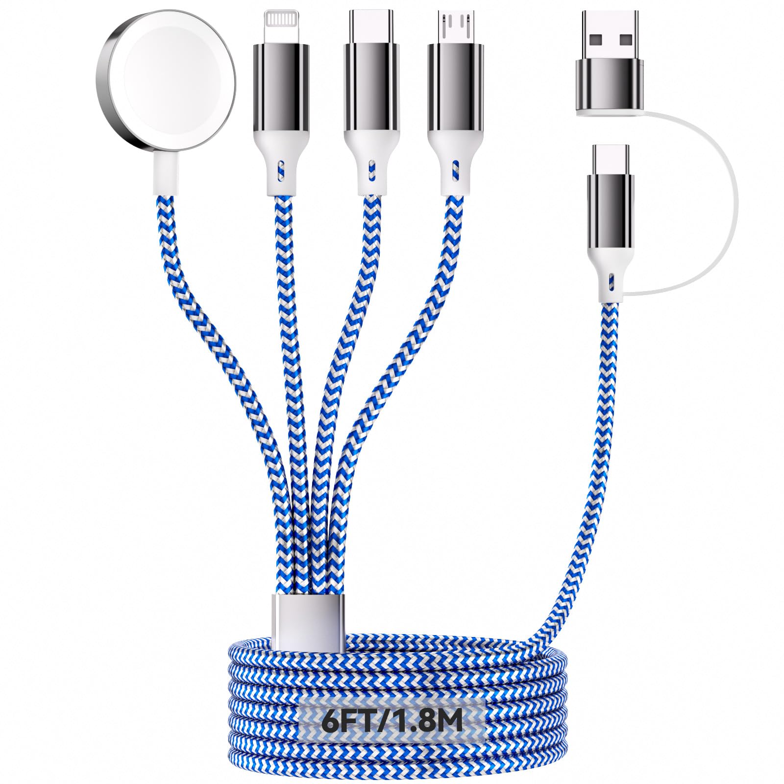 Photo 1 of 6FT iWatch Charger,Travel Essentials,4 in 2 USB A/C to iOS Port/Type C/Micro USB/Watch Charger Nylon-Braided Multi Fast Charging Cable Compatible for iWatch Ultra/SE/1-11/iPhone17 Pro Max/iPad/AirPods