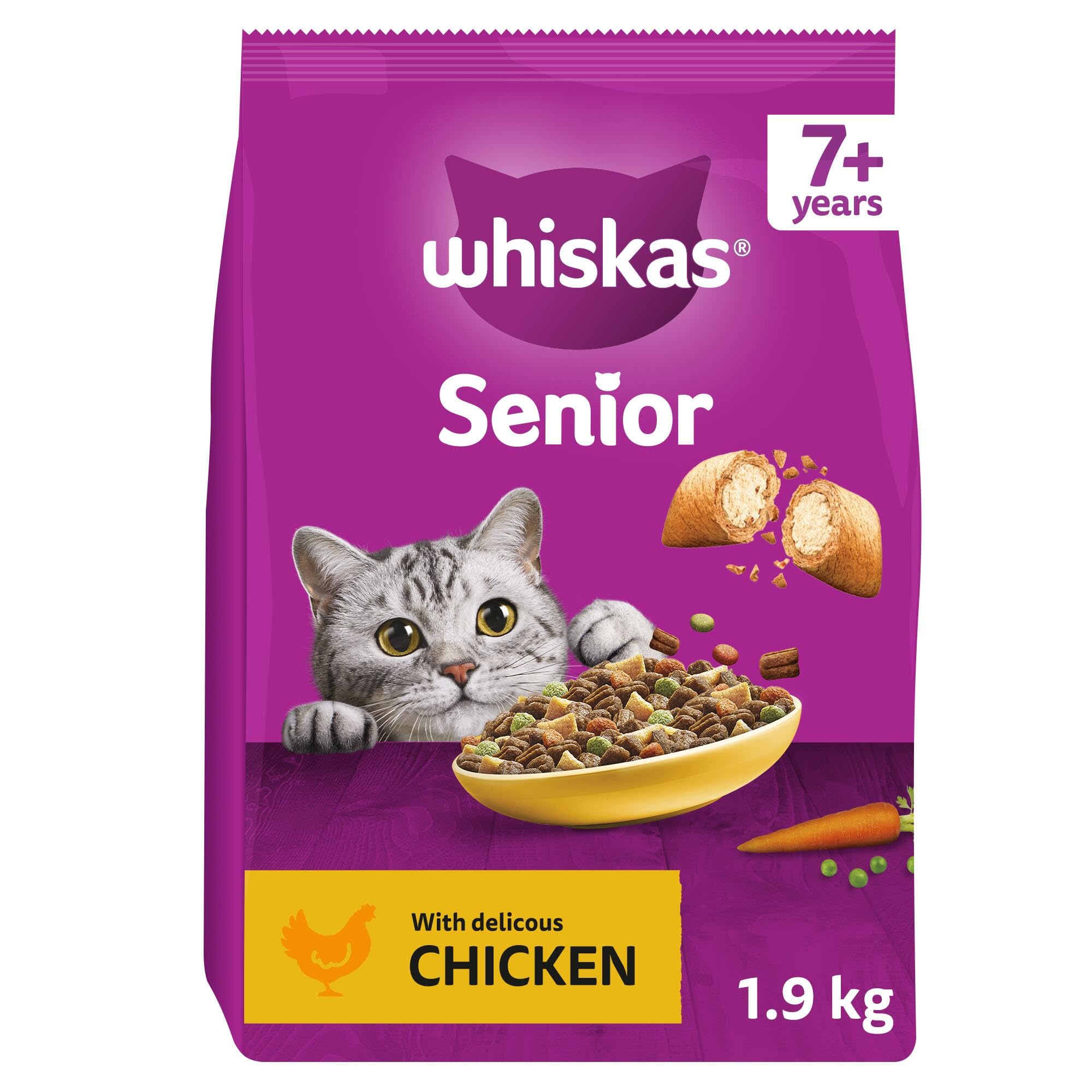 WHISKAS Senior Dry Cat Food 1.9kg with Chicken (Pack of 4)