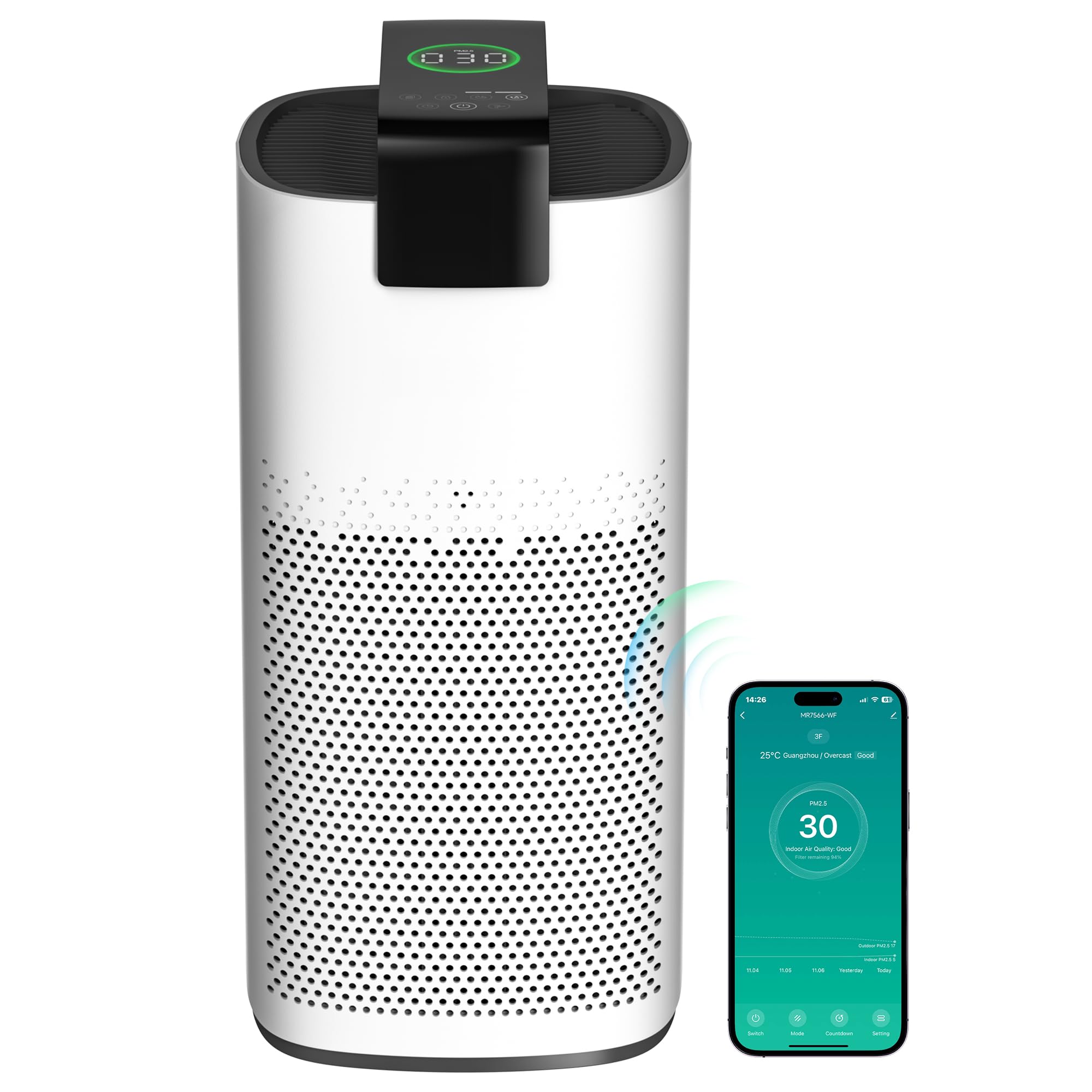 MERONTE Air Purifiers for Home Large Room Up to 2800Ft² with PM 2.5 Air Laser Sensor, Hepa 3-in-1 air Filter Filters Airborne Particles, air purifiers With Smart WiFi and Sleep Mode(White,1 Pack)+1Pcs
