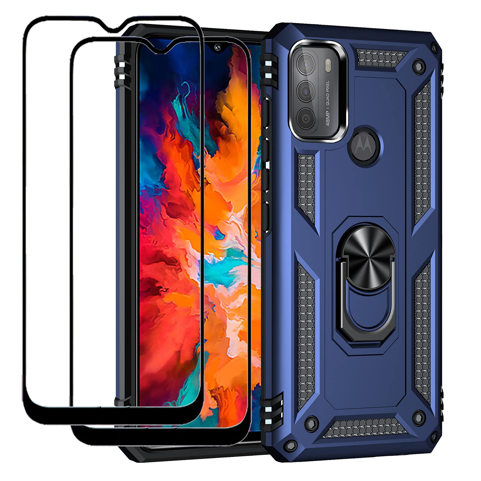 MMlife EasyLifeGo for Motorola Moto G50 Kickstand Case with Screen Protector Tempered Glass [2 pieces], Hybrid Heavy Duty Armor Dual Layer Anti-Scratch Case Cover, Blue