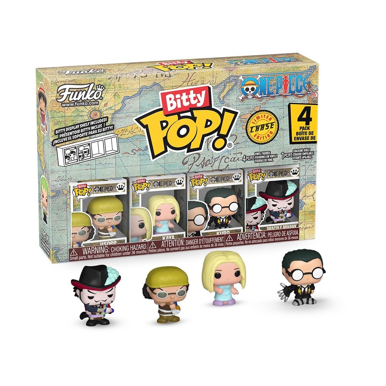 Funko Bitty POP! 4 Pack: One Piece - Usopp - Kaya - Kuro - Mystery Mini Figure - Styles may vary And A Surprise Mystery Mini Figure - 0.9 inch (2.2 cm) Collectable - Stackable Display Shelf Included