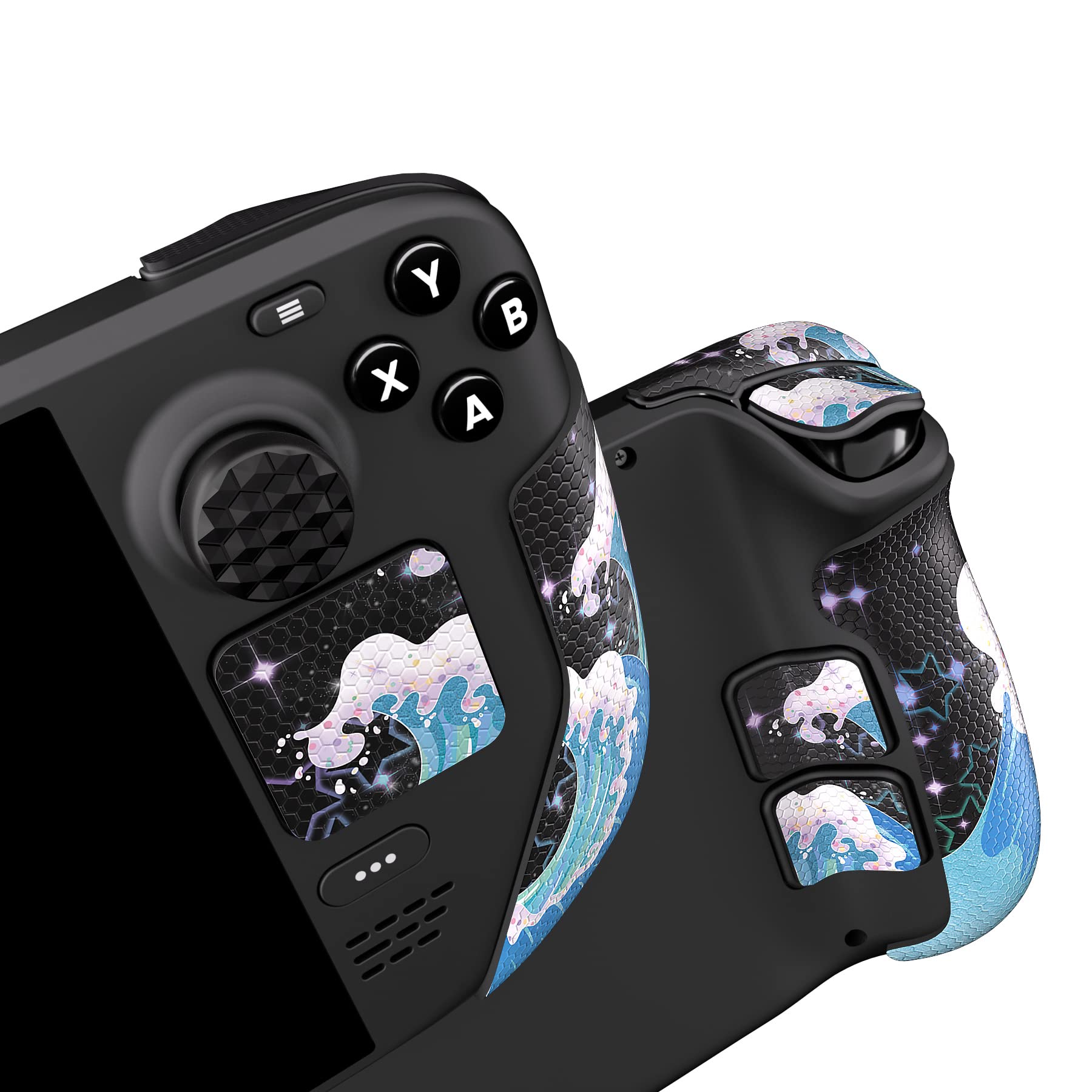 Photo 1 of PlayVital Professional Textured Soft Rubber Pads Handle Grips for Steam Deck LCD & OLED, Trackpads Skin Grip Enhancement Back Button Protective Stickers Set with Thumb Grip Caps - Shimmering Waves