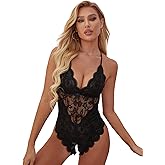 SOLY HUX Women's Floral Lace Scalloped Trim Criss Cross Back Lingerie Teddy Bodysuit
