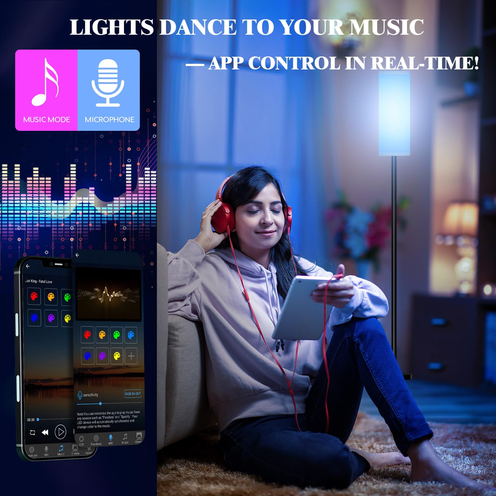 Smart LED Floor Lamp with APP Control & RGB Colors - Dimmable Standing Lamp for Living Room, Bedroom, Gaming - Remote, Timer, 9W Bulb Included, 67