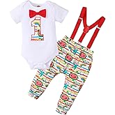 Baby Boy Funny First Birthday Clothes Infant Clothes Cake Smash Outfits Bow Tie Dinosaur Themed Romper Pants Set Suspenders