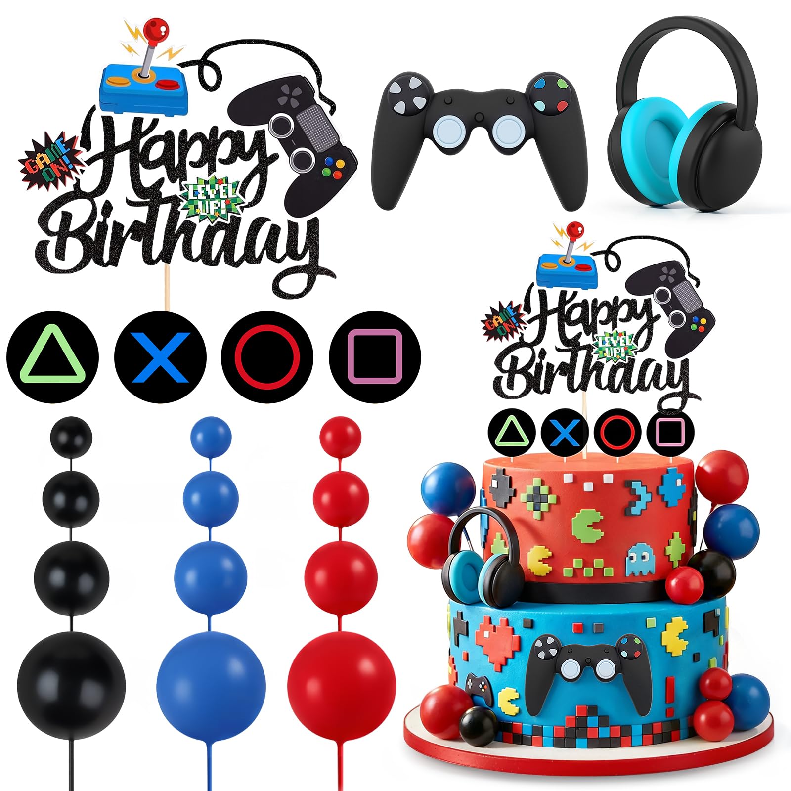 31PCS Video Game Themes Cake Toppers Set,Headset Cake Decoration Set with Headset,Controller,Happy Birthday Cupcakes topper,Ball Decorations,Gaming-Themed Cakes Topper Set for Birthday Decorations