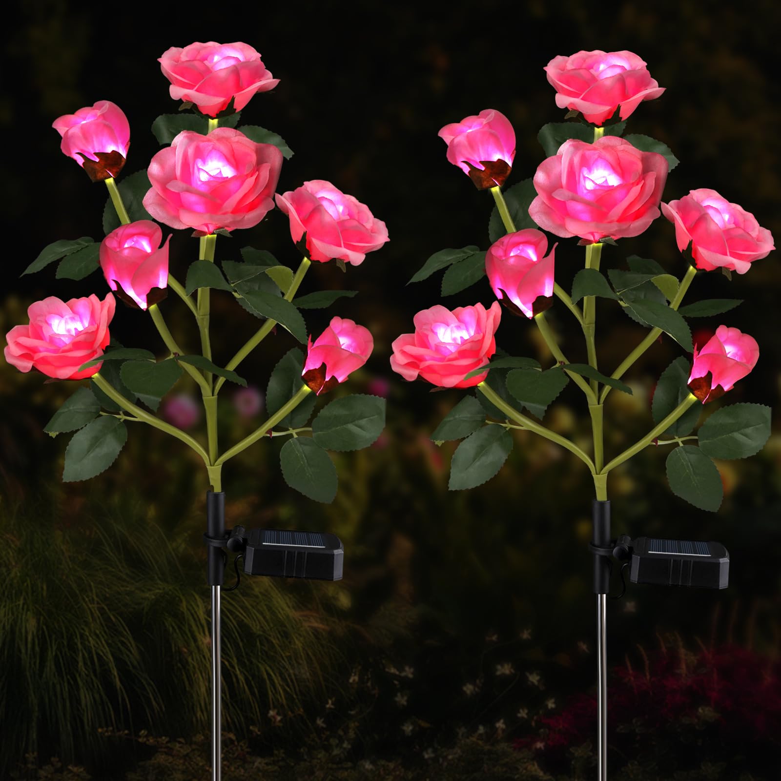 Aolyty 2 Pcs LED Solar Garden Lights, Decorative Waterproof Roses Stake Light, 7 Flowers Outdoor Artificial Ornaments for Grave Patio (Pink)