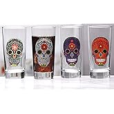 Circleware Halloween Sugar Skull Hiball Cooler, Set of 4 Heavy Drinking Glass Tumbler Cups for Water, Juice, Milk, Beer, Whiskey, Vodka, Farmhouse Decor, 14.5 oz, Black, White, Purple, Orange