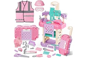 Kids Tool Bench Set,MAGIC4U 89PCS Toddler Tool Workbench with Electirc Drill 12 Tools Equipement,Safety Vest & Hat,Pretend Play Kids Construction Toys Gift for Girls Boys Age 3,4,5,6,7,8