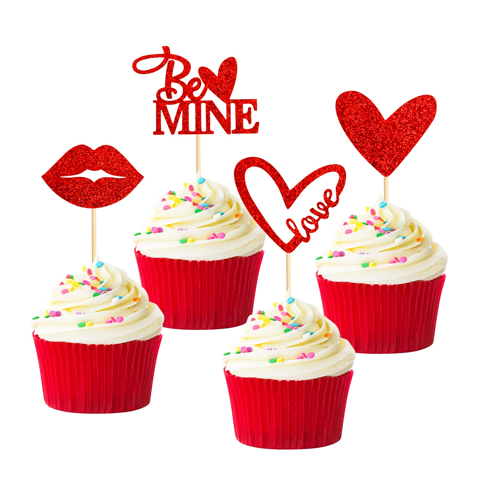 Blumomon 24Pcs Red Glitter Happy Valentine's Day Cupcake Toppers Love Heart Lipstick Be Mine Cake Decorations for Sweet Love Wedding Engagement Valentine's Day Bridal Shower Party Cake Decors