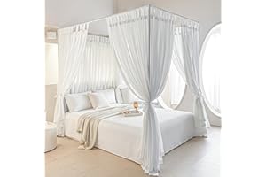 AIKASY Canopy Bed Board with Top and Self-Adhesive Strips, White Gauze Princess Bed Canopy Curtain Tent, Creating a Romantic Atmosphere in The Room（Full/Queen，White）