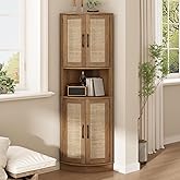 HOKYHOKY Tall Corner Cabinet, 64.7" Rattan Corner Storage Cabinet with 4 Doors and 5 Storage Shelves, Farmhouse Space Saver, 