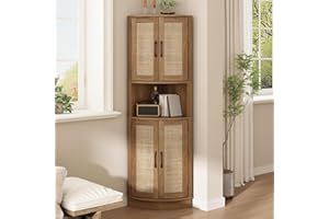 HOKYHOKY Tall Corner Cabinet, 64.7" Rattan Corner Storage Cabinet with 4 Doors and 5 Storage Shelves, Farmhouse Space Saver, 