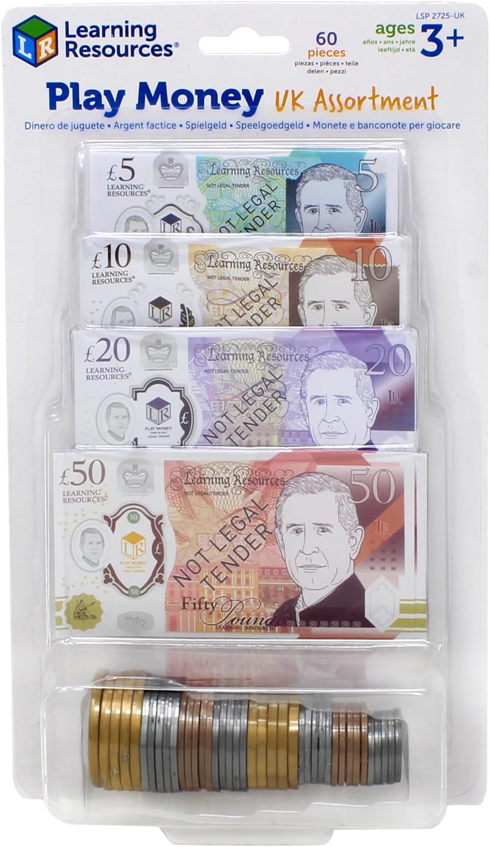 Learning Resources UK Play Money Assortment 60-Piece Realistic Notes & Coins