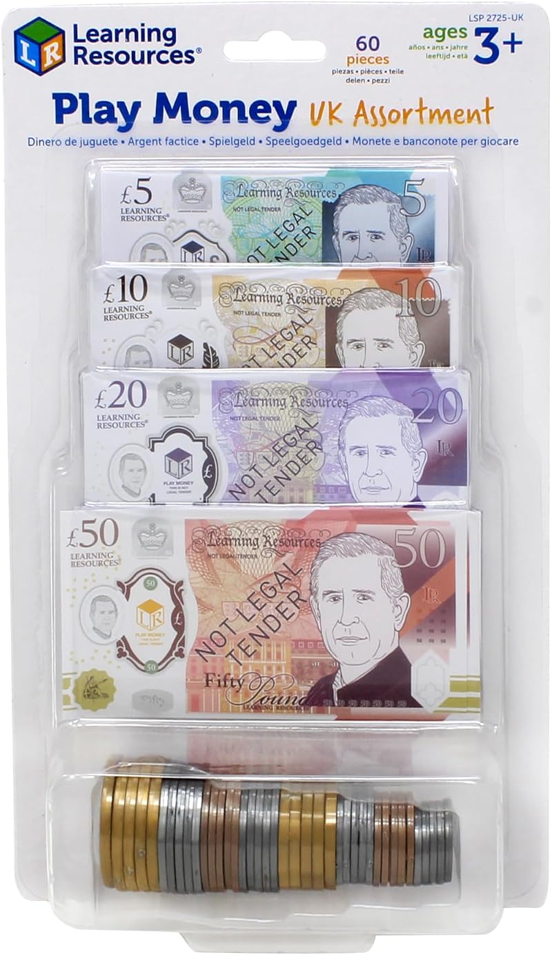 Learning Resources UK Play Money Assortment 60-Piece Realistic Notes & Coins