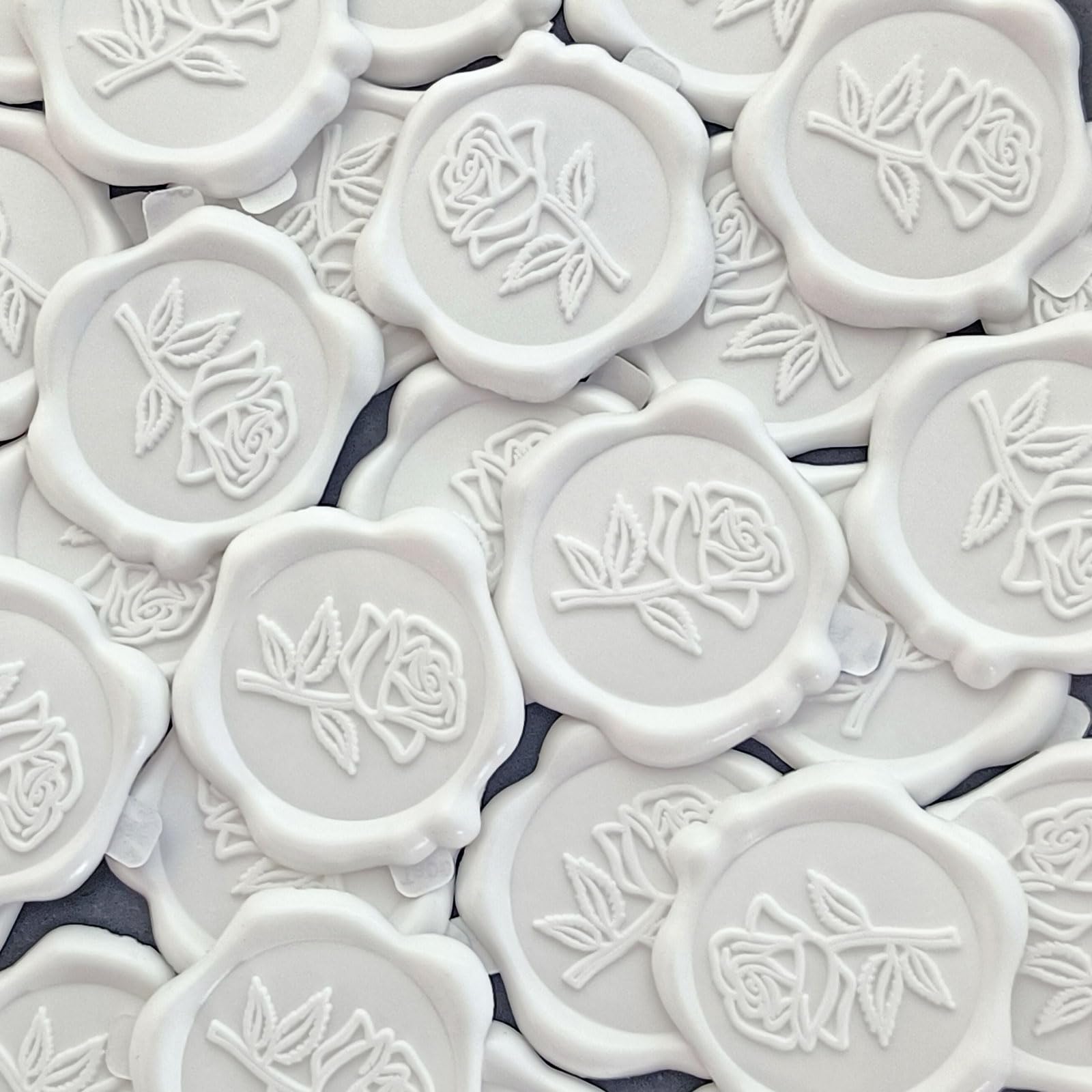 Pilloze 50 Pcs Adhesive White Rose Wax Seal Stickers, Roses Seal for Envelope, Easy to Use and Good Adhesion White Envelope Stickers, Wedding Invitation Accessories