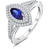 RANDES Marquise Engagement Ring 925 Sterling Silver Created Sapphire/Emerald/Ruby/Aquamarine Gemstone Double Halo Wedding Promies Rings Anniversary Jewelry Size 6-10