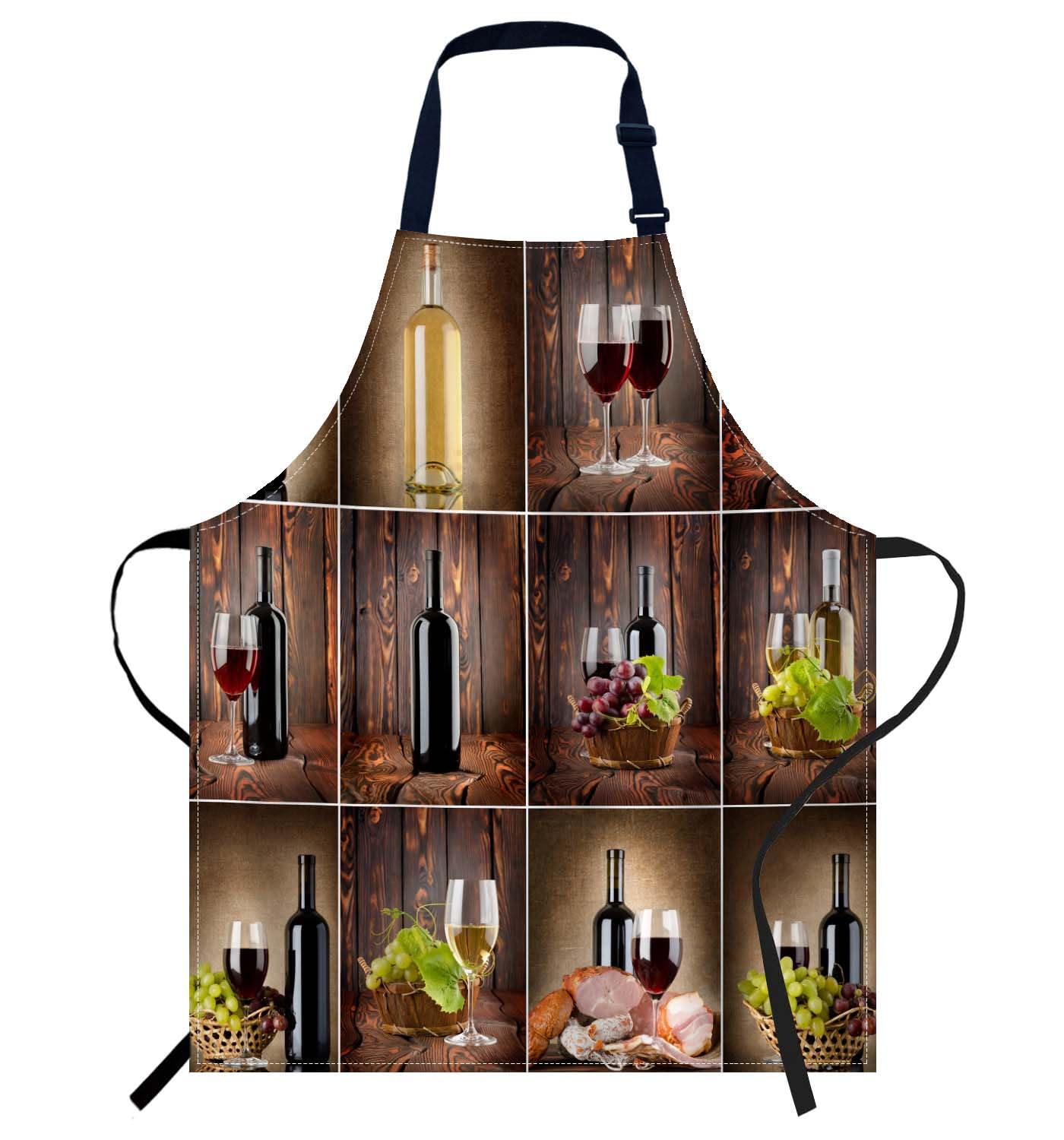 Smooffly Wine Collage on a Wooden Apron,Adjustable Neck Bib Apron for Men Women,Suitable for Kitchen Cooking Waitress Chef Apron — image 1