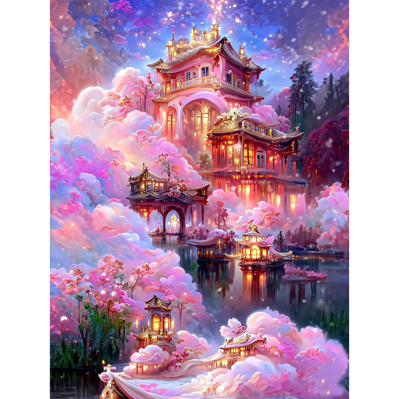 QENSPE 5D Diamond Painting Kits, Pink Castle Diamond Art Kits Fantasy Fairy Tale Diamond Painting Kits for Adults Kids Full Drill, DIY Crystal Picture Art for Home Wall Decor 30x40cm