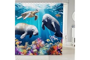 jejeloiu Manatee Shower Curtain 72"x72" Marine Animals Bathroom Shower Curtain Set Cartoon Nautical Animals Bath Curtain Ocean Floor Themed Kids Bathroom Accessories