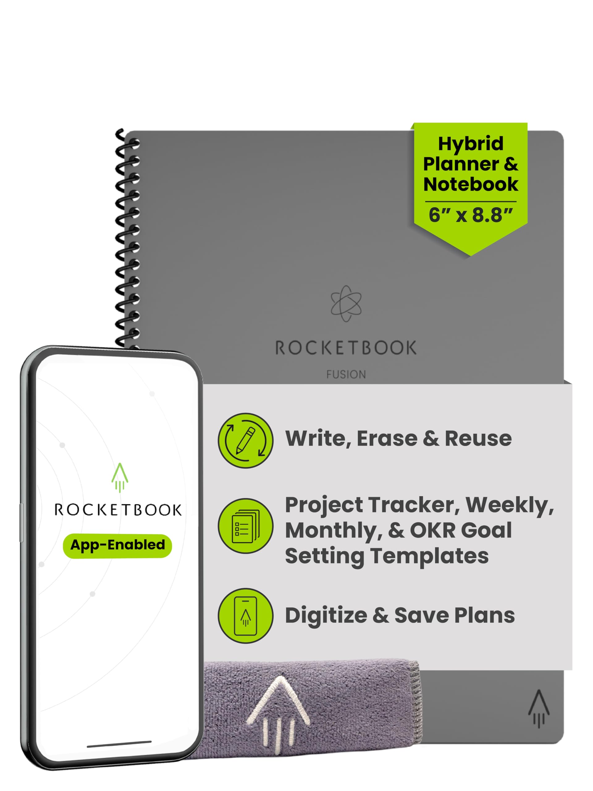 Rocketbook Fusion Reusable Digital Notebook - Smart Notepad A5 Grey, 7 Styles, To Do List, Daily Journal, Weekly & Monthly Planner, with Frixion Erasable Pen, Office Gadget Reduces Paper Waste