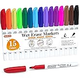 Shuttle Art Wet Erase Markers, 15 Colors 1mm Fine Tip Smudge-Free Markers, Use on Laminated Calendars,Overhead Projectors,Schedules,Whiteboards,Transparencies,Glass,Wipe with Water