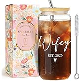 Bridal Shower Gift for Women,Cute Bride To Be Gifts for Bridal Shower,Bachelorette Party,Wedding Day,Honeymoon Gifts for Wife,Wifey Gift Glass Cups with Lids and Straws for Christmas,Birthday-98