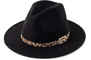 HUDANHUWEI Women's Wide Brim Felt Fedora Panama Hat with Leopard Belt Buckle