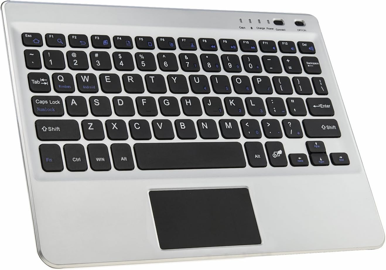 [Updated Version] BATTOP Wireless Bluetooth keyboard with Multi-Touchpad &Hidden Stand for Windows Android Tablets Smartphone (Silver)
