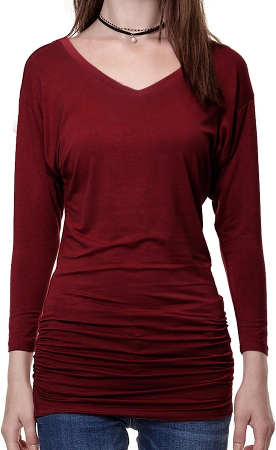 Boho Women's Dolman Long Sleeves Drape Tunic Shirts Top with Side Shirring