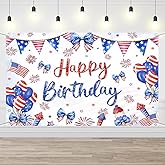 AIBIIN Happy Birthday Backdrop Red White and Blue Independence Day Photography Background Coquette 4th of July Birthday Decorations Bow Balloon Firework Patriotic Party Banner Photo Props 6x3.6ft